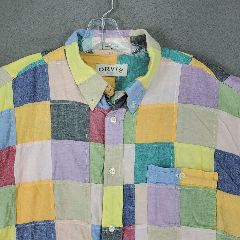 Orvis Button Up Shirt Men XL Multicolor Patchwork Cotton Short Sleeve Madras